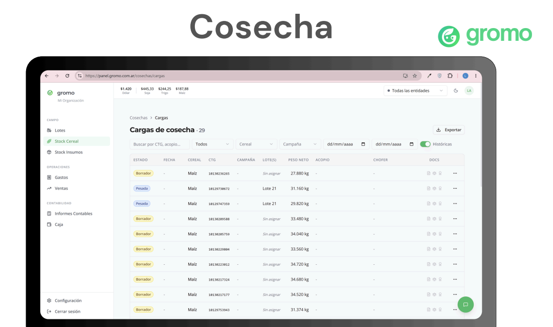 Dashboard de Cargas de Cosecha